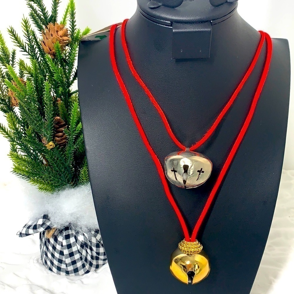 Set of 2 Holiday Bells Necklaces Gold/Silver Bells on Red Cord, Vintage